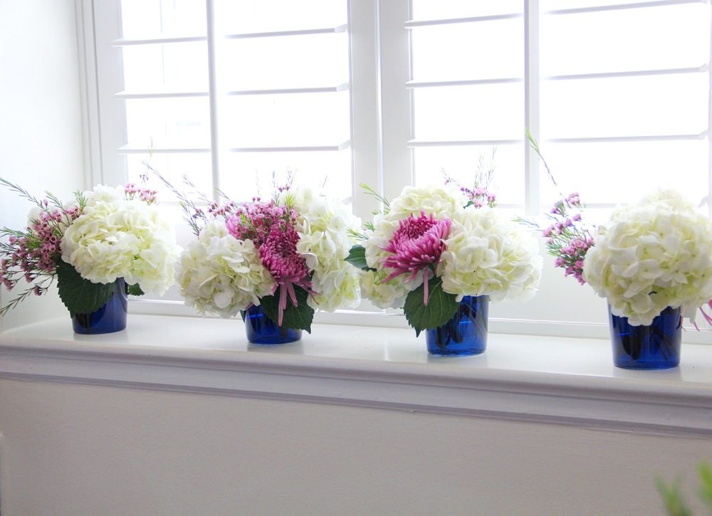 Centerpiece 106 - Pink Pom Pom, White Hydrangeas and Pink Wax Flowers . . . more