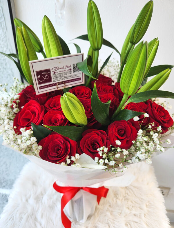 Debonair Bouquet– Bouquet of Lilies with Red Roses, and Gypsophila (million star) or lepidium - Image 5