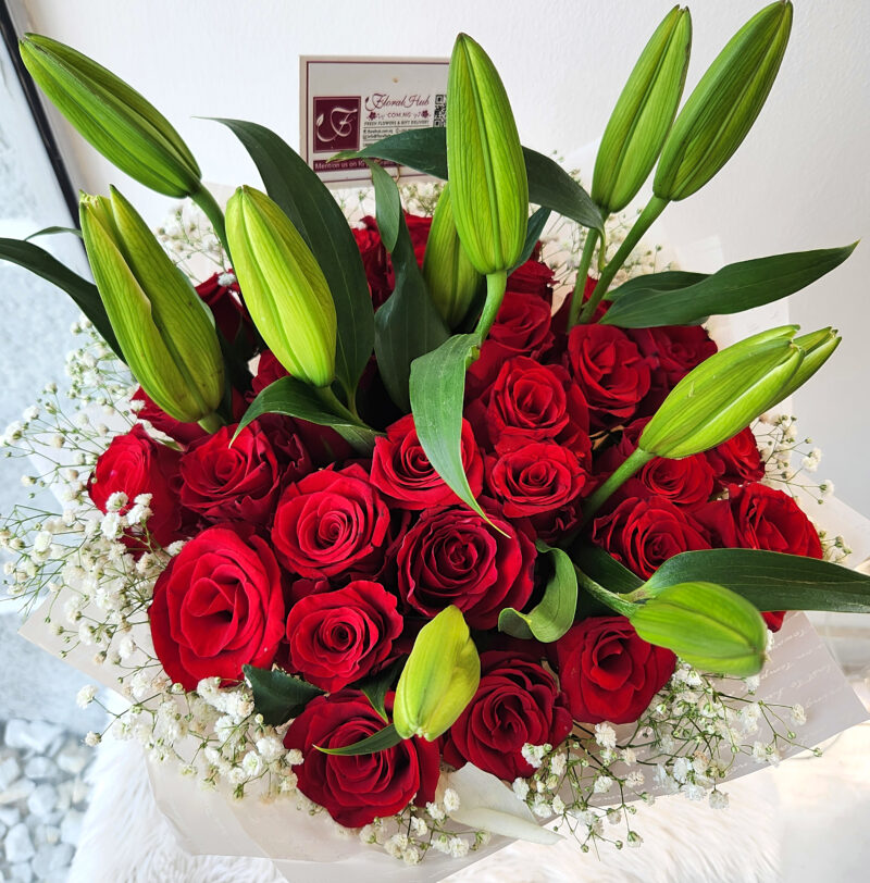 Debonair Bouquet Bouquet of Lilies with Red Roses, and Gypsophila