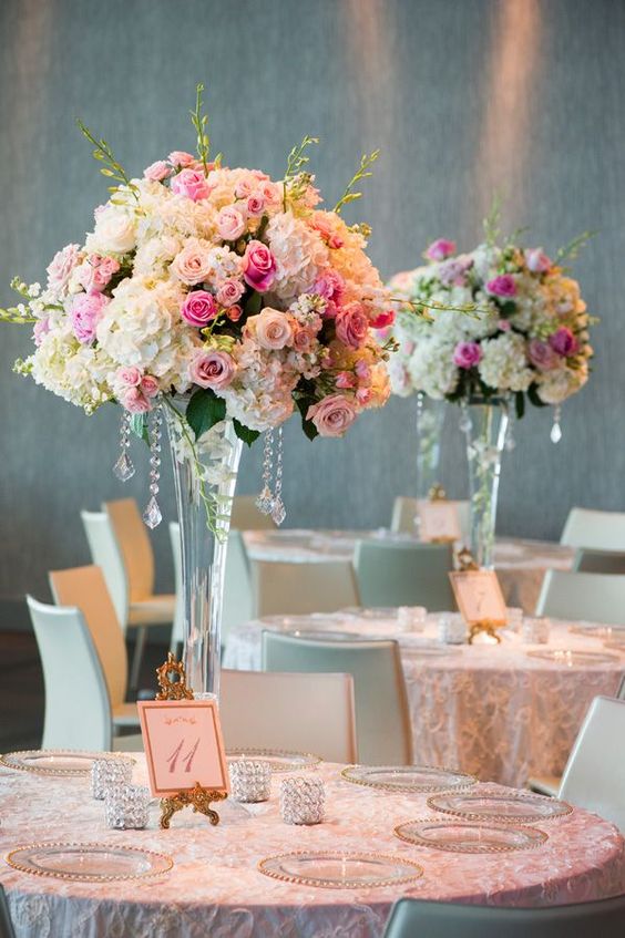 Centerpiece 105 - Baby Pink, White roses and White Hydrangeas . . . more