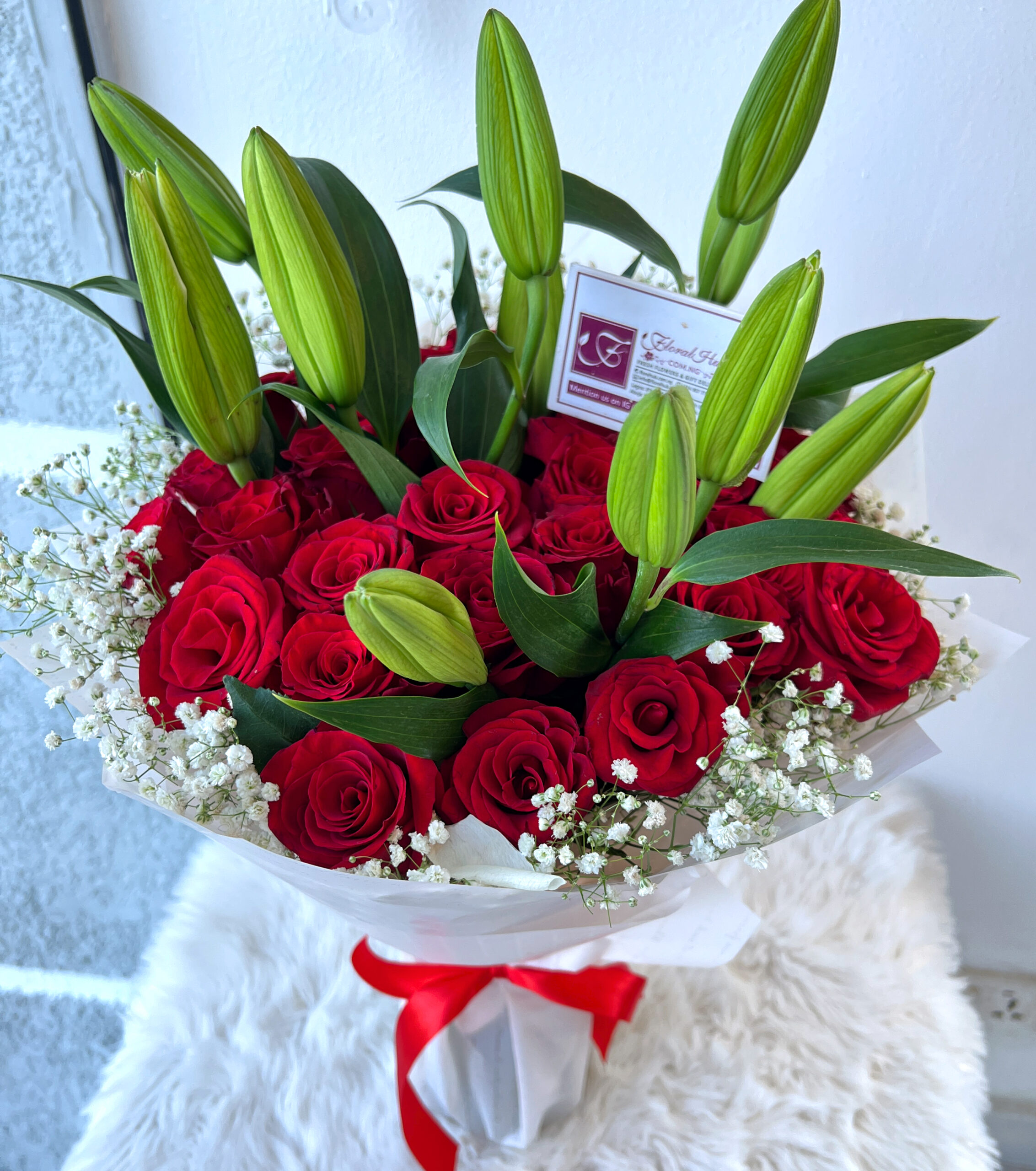 VIP Debonair – Lilies with Red Roses, White Roses, and Gypsophila (million star).