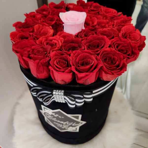 Forever Numero Uno Box Arrangement- Box of Luxury red roses and one contrasting color - Image 4