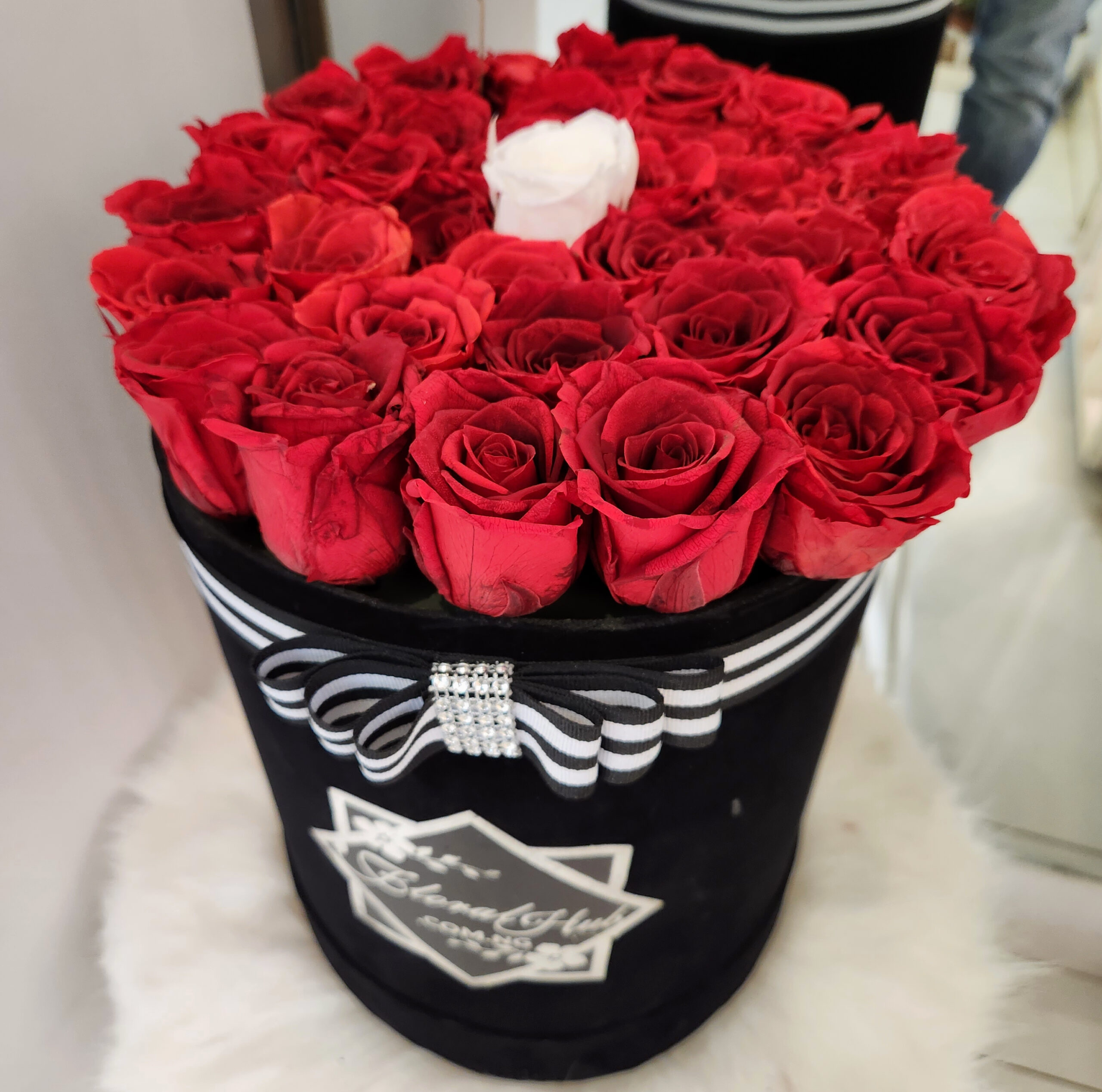 Forever Numero Uno Box Arrangement- Box of Luxury red roses and one contrasting color